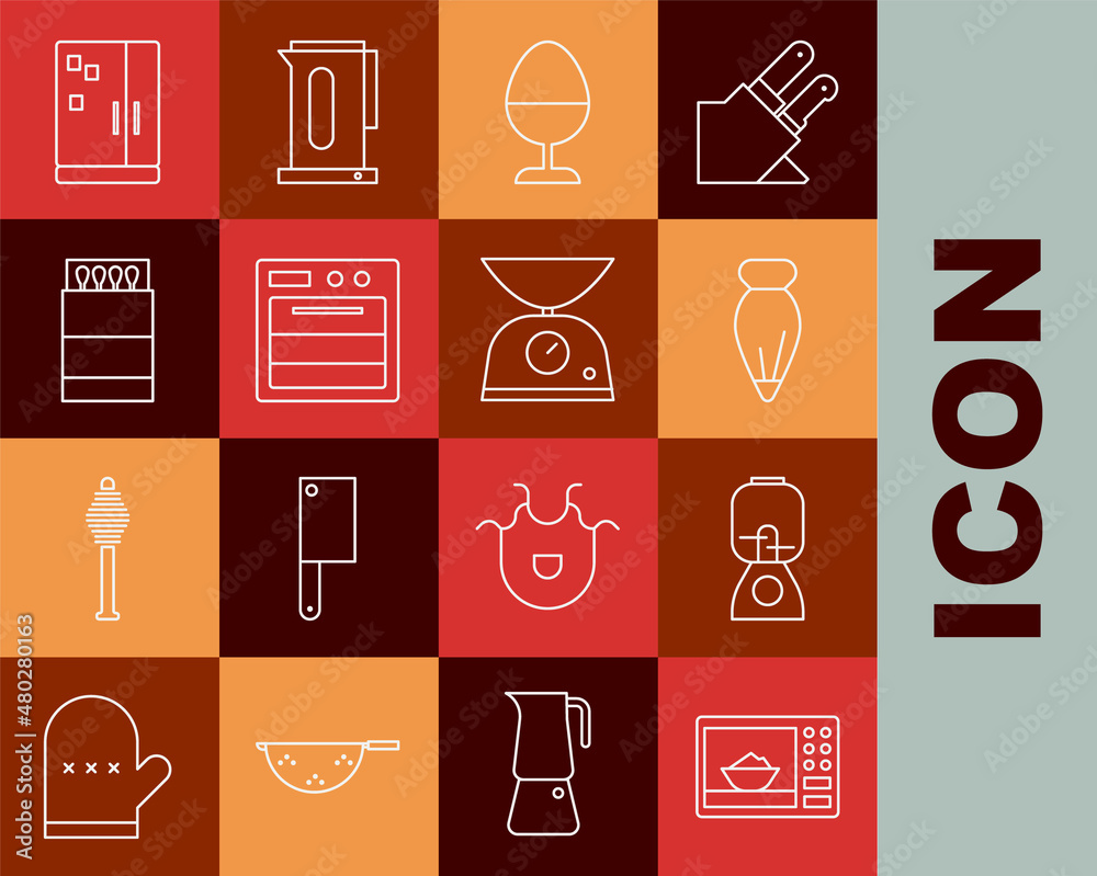 Set line Microwave oven, Blender, Pastry bag for decorate cakes, Chicken egg on stand, Oven, Open matchbox matches, Refrigerator and Scales icon. Vector Set line Microwave oven, Blender, Pastry bag for decorate cakes, Chicken egg on stand, Oven, Open matchbox matches, Refrigerator and Scales icon. Vector