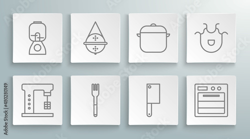 Set line Electric mixer, Ball tea strainer, Fork, Meat chopper, Oven, Cooking pot, Kitchen apron and Blender icon. Vector