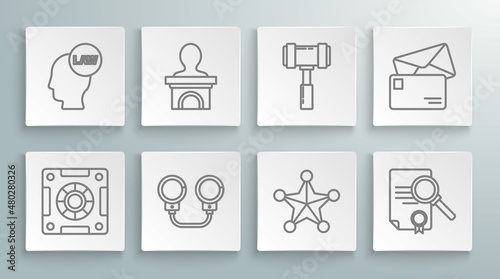 Set line Safe, Stage stand or debate podium rostrum, Handcuffs, Hexagram sheriff, Document with search, Judge gavel, Envelope and Head law icon. Vector