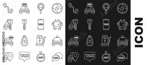 Set line Taxi call telephone service, car, Trolleybus, Magnifying glass and taxi, Car key, rental, Route location and icon. Vector