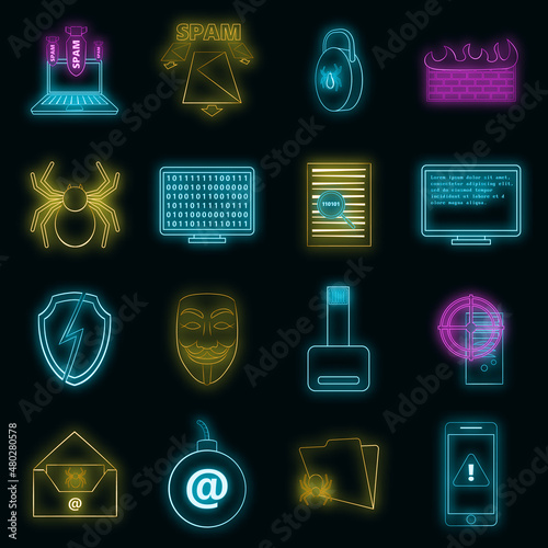 Computer security icons set in neon style. Cyber virus set collection vector illustration photo