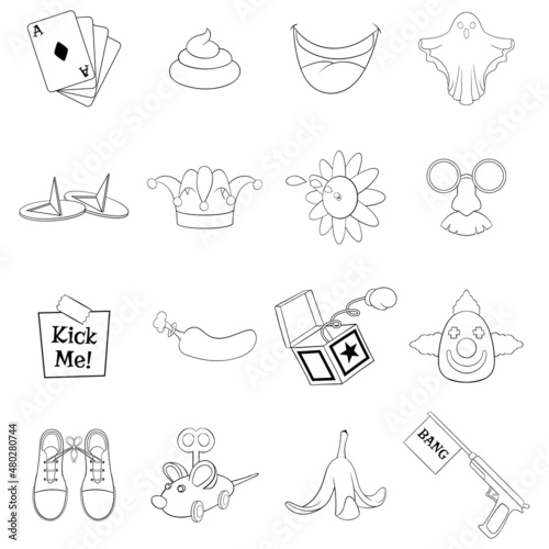 April fools day set icons in outline style isolated on white background