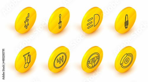 Set line Car brake disk with caliper, Steering wheel, Gear shifter, Signal horn on vehicle, spark plug, High beam, Screwdriver and muffler icon. Vector