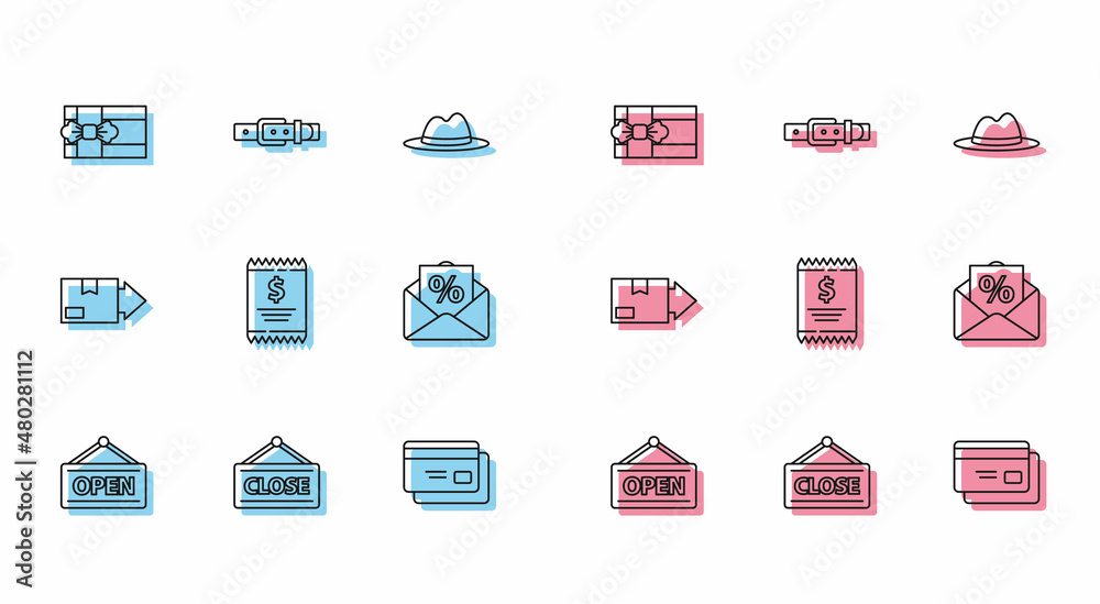 Set line Hanging sign with Open, Closed, Gift box, Credit card, Paper check and financial check, Envelope interest discount, Carton cardboard and Leather belt icon. Vector Set line Hanging sign with Open, Closed, Gift box, Credit card, Paper check and financial check, Envelope interest discount, Carton cardboard and Leather belt icon. Vector
