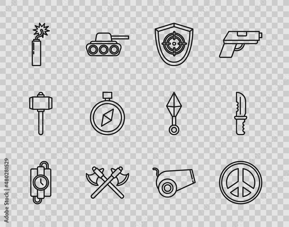 Set line dynamite stick and timer clock, Peace, Target sport, Crossed medieval axes, Dynamite bomb, Compass, Cannon and Military knife icon. Vector Set line dynamite stick and timer clock, Peace, Target sport, Crossed medieval axes, Dynamite bomb, Compass, Cannon and Military knife icon. Vector