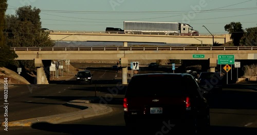 Sunset view of street and freeway  infrastructure as they run through downtown Yuma, Arizona, USA.