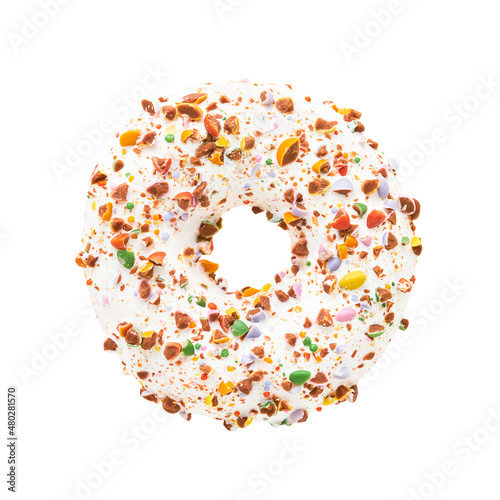 Donut in white glaze with colorful candy sprinkles isolated on white background with clipping path.