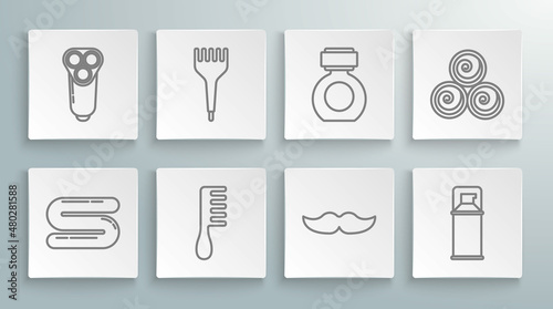 Set line Towel, Hairbrush, Mustache, Shaving gel foam, Aftershave, rolls and Electric razor blade for men icon. Vector