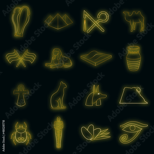 Egypt travel icons set. Illustration of 16 Egypt travel vector icons neon color on black