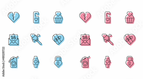 Set line Heart tag, in the center wrist watch, Broken heart or divorce, Castle shape of, Search and love, Candy shaped box, Envelope with Valentine and Please do not disturb icon. Vector