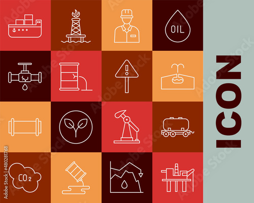 Set line Oil platform in the sea, railway cistern, Oilfield, Oilman, Barrel oil leak, Broken pipe with leaking water, tanker ship and Exclamation mark triangle icon. Vector