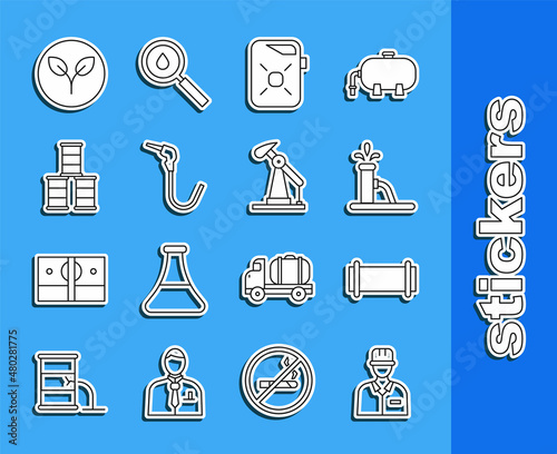 Set line Oilman, Industry pipe, pump or pump jack, Canister for motor oil, Gasoline nozzle, Barrel, Bio fuel and icon. Vector