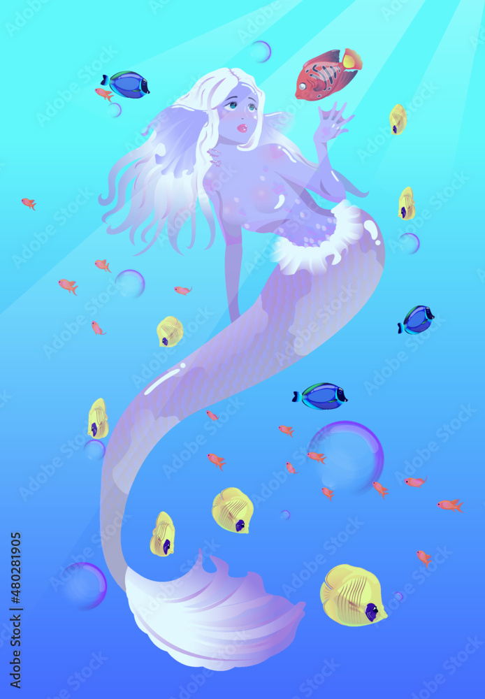 Fototapeta premium mermaid under the water with fish vector illustration