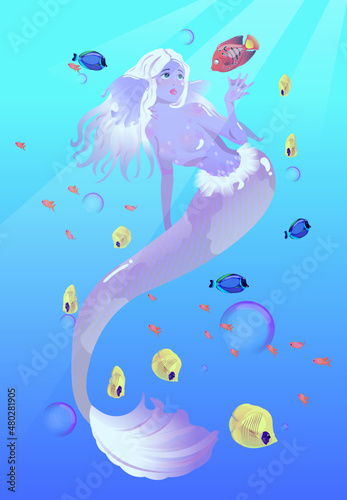 mermaid under the water with fish vector illustration