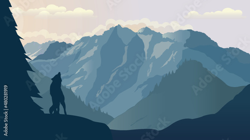 landscape with mountains and wolf