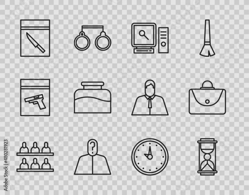 Set line Jurors, Old hourglass with sand, Search on computer screen, Anonymous question mark, Evidence bag knife, Inkwell, Clock and Briefcase icon. Vector