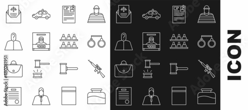 Set line Inkwell, Sniper rifle with scope, Handcuffs, Lawsuit paper, Wanted poster, Anonymous question mark, Subpoena and Jurors icon. Vector