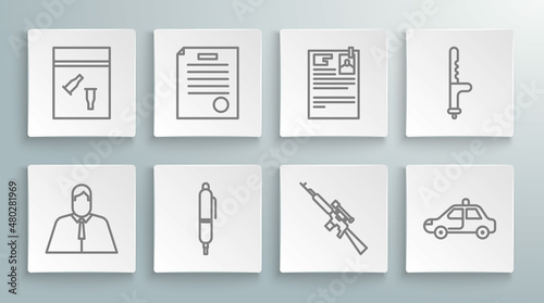 Set line Lawyer, attorney, jurist, The arrest warrant, Pen, Sniper rifle with scope, Police car and flasher, Lawsuit paper, rubber baton and Evidence bag bullet icon. Vector
