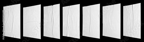 perspective of white paper wrinkled poster template , blank glued creased paper sheet mockup.white poster mockup on wall. empty paper mockup.