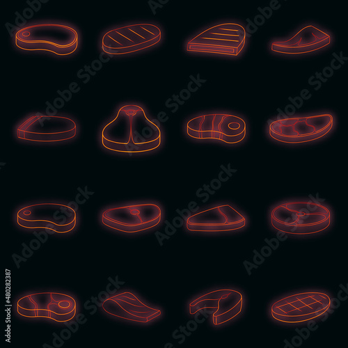 Steak icons set. Illustration of 16 steaks vector icons neon color on black