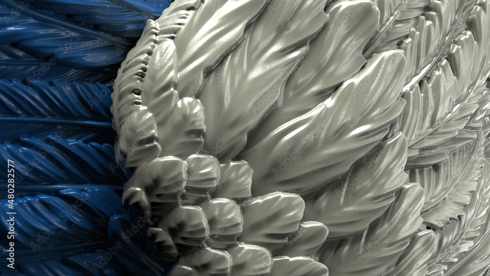 Obraz premium Overlapping white-blue wings under black-white lighting background. Concept image of free activity, decision without regret and strategic action. 3D CG. 3D illustration.