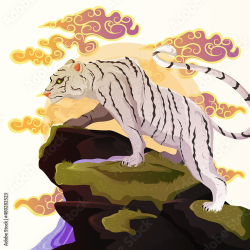 tiger with oriental style clouds vector illustration