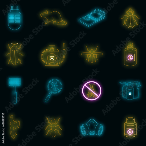 Exterminator icons set. Illustration of 16 exterminator vector icons neon color on black