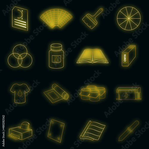 Print process icons set. Illustration of 16 print process vector icons neon color on black