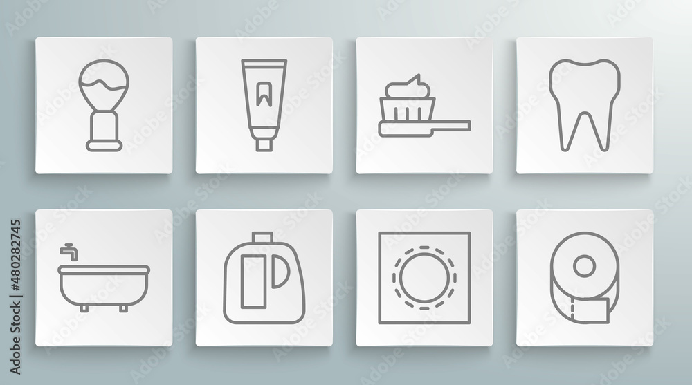 Set line Bathtub, Tube of toothpaste, Bottles for cleaning agent, Condom package safe sex, Toilet paper roll, Toothbrush with, and Shaving icon. Vector