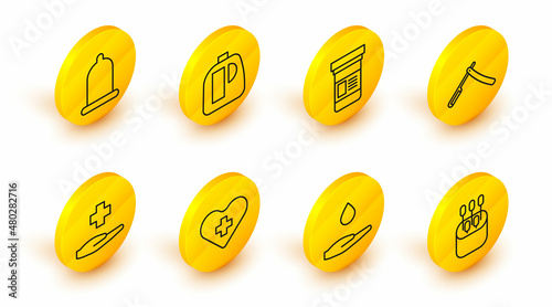 Set line Cotton swab for ears, Washing hands with soap, Heart cross, Cross hospital medical, Straight razor, Medicine bottle, Bottles cleaning agent and Condom icon. Vector