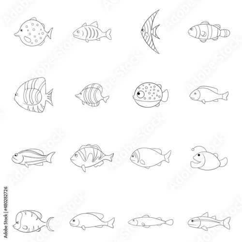 Different fish set icons in outline style isolated on white background © ylivdesign