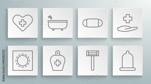 Set line Condom in package safe sex, Bathtub, Bottle of liquid antibacterial soap, Shaving razor, Medical protective mask, Cross hospital medical and Heart with cross icon. Vector