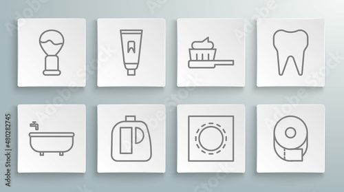 Set line Bathtub, Tube of toothpaste, Bottles for cleaning agent, Condom package safe sex, Toilet paper roll, Toothbrush with, and Shaving icon. Vector