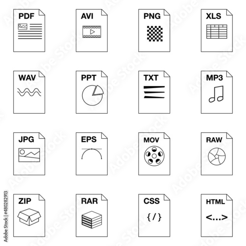 File extension set icons in outline style isolated on white background