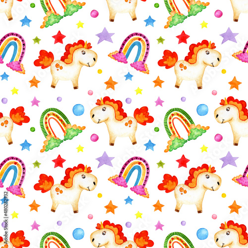Watercolor drawing of a little pony with a red mane, clouds, a rainbow and stars. Seamless repeating pattern of fabulous unicorn. Horse for design, decoration, packaging, fabrics. Isolated on white 