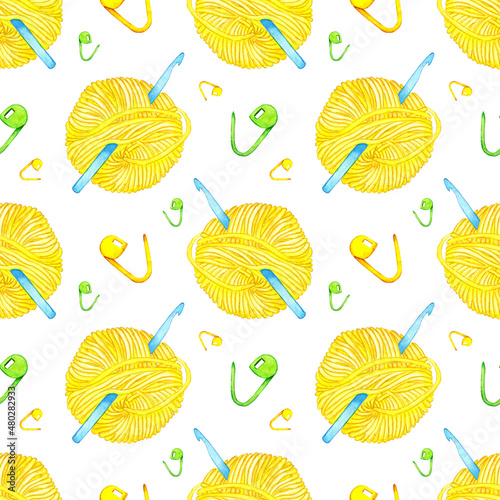 Watercolor illustration of a hook pattern stuck in a yellow skein and markers. Seamless repeating ball of wool print for knitting. Crochet stitches. Isolated on white background.