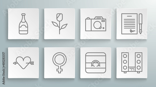 Set line Amour with heart and arrow, Flower rose, Female gender symbol, Wedding rings, Home stereo two speakers, Photo camera, Marriage contract and Champagne bottle icon. Vector