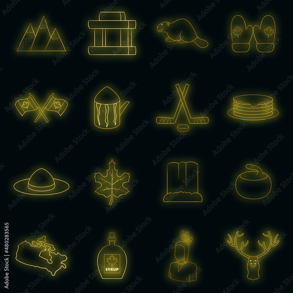 Fototapeta premium Canada icons set. Illustration of 16 Canada travel items vector icons neon color on black