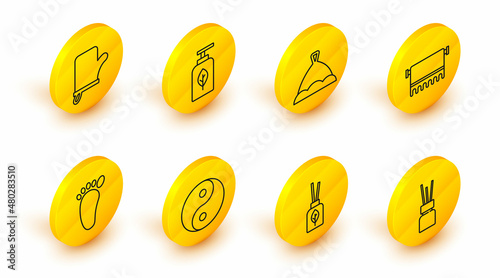 Set line Aroma diffuser, Yin Yang, Foot massage, Towel on hanger, Sauna hat, Essential oil bottle and mittens icon. Vector