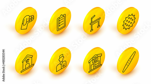 Set line Nail file pet, Pet grooming, Veterinarian doctor, Dog house and paw print, Tennis ball, table, Grooming salon price list and muzzle icon. Vector