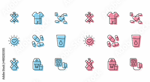 Set line No alcohol, Paper package for milk, doping syringe, Blood pressure, Vitamin pill, Glass with water, Sun and Sport track suit icon. Vector