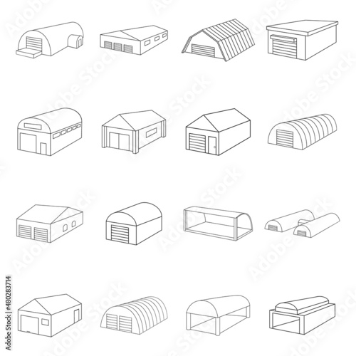 Different hangars set icons in outline style isolated on white background