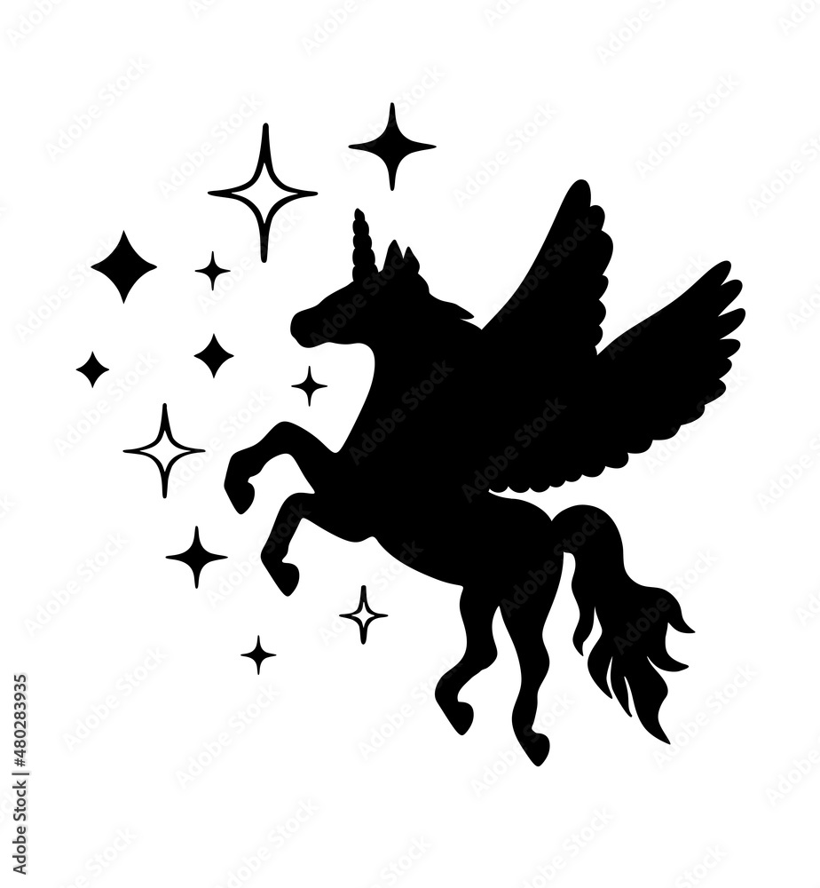 Black vector unicorn pegasus horse pony silhouette with wings,twinkling stars icons stencil drawing .Magic.Plotter laser cutting.T shirt print design.Vinyl wall sticker decal.Cricut.Cut.DIY.Decor.Card