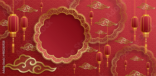 Happy China Lantern Festival, Chinese lanterns with gold paper cut art and craft style on color background