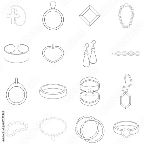 Jewelry items set icons in outline style isolated on white background