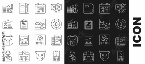 Set line Mobile stock trading, Business finance report, Bitcoin, Calendar, Identification badge, Financial growth and dollar and Failure stocks market icon. Vector