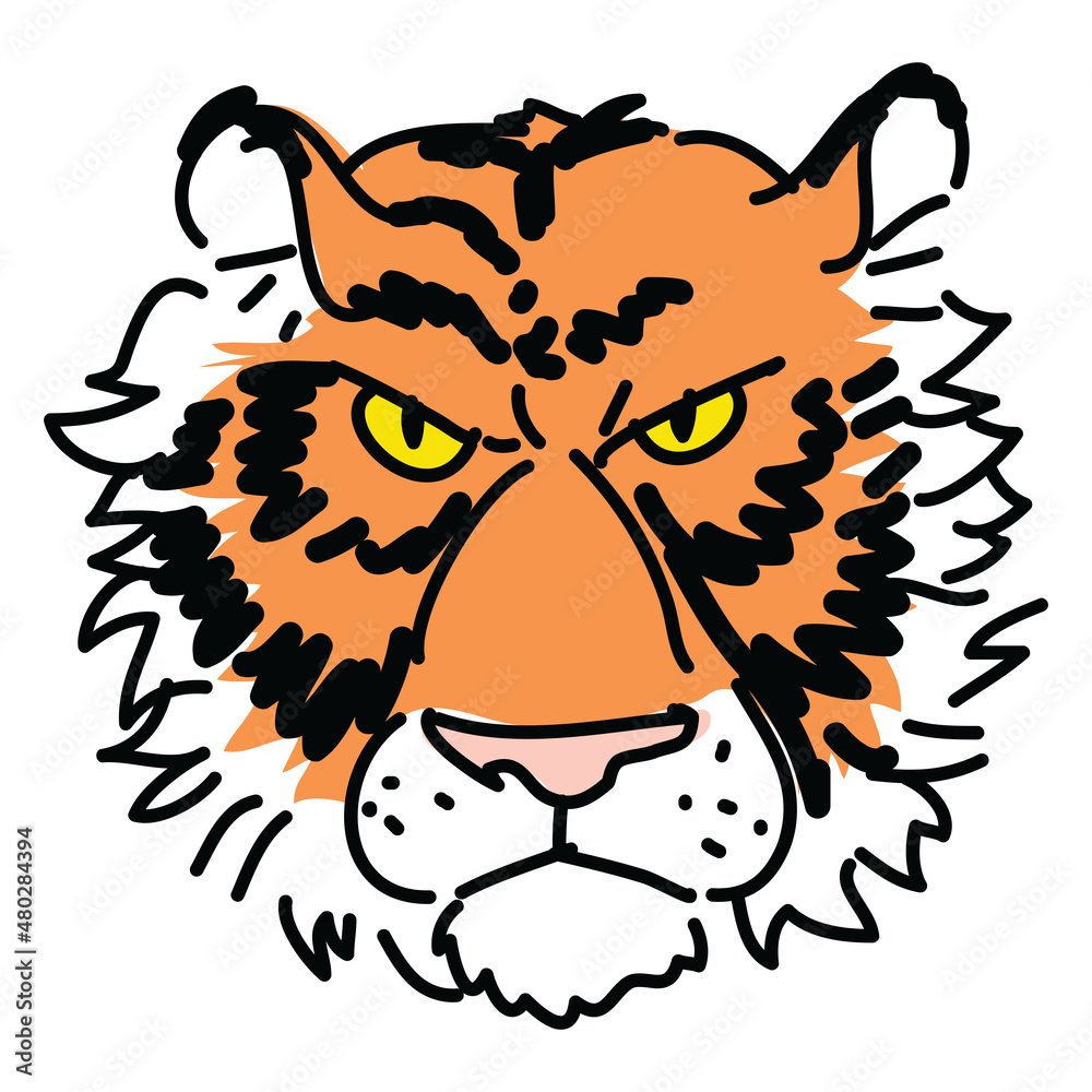Cartoon tiger face doodle drawing illustration vector Stock Vector