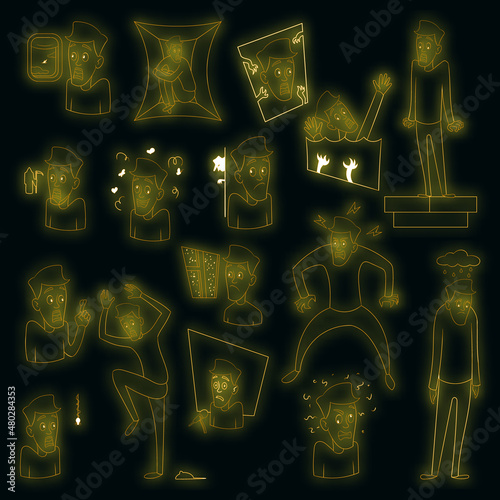 Various phobias icons set. Illustration of 16 various phobias vector icons neon color on black