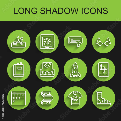 Set line Binary code, Book, Gamepad, T-shirt, Slippers with socks, Waistcoat, Crossword and Rocket ship icon. Vector