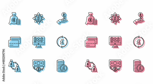 Set line Currency exchange, Stacks paper money cash, Coin with euro symbol, pound, Cryptocurrency, Credit card and Dollar, share, network icon. Vector